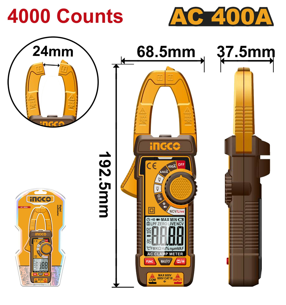 INGCO Digital AC 400A Clamp Meter DCM62001