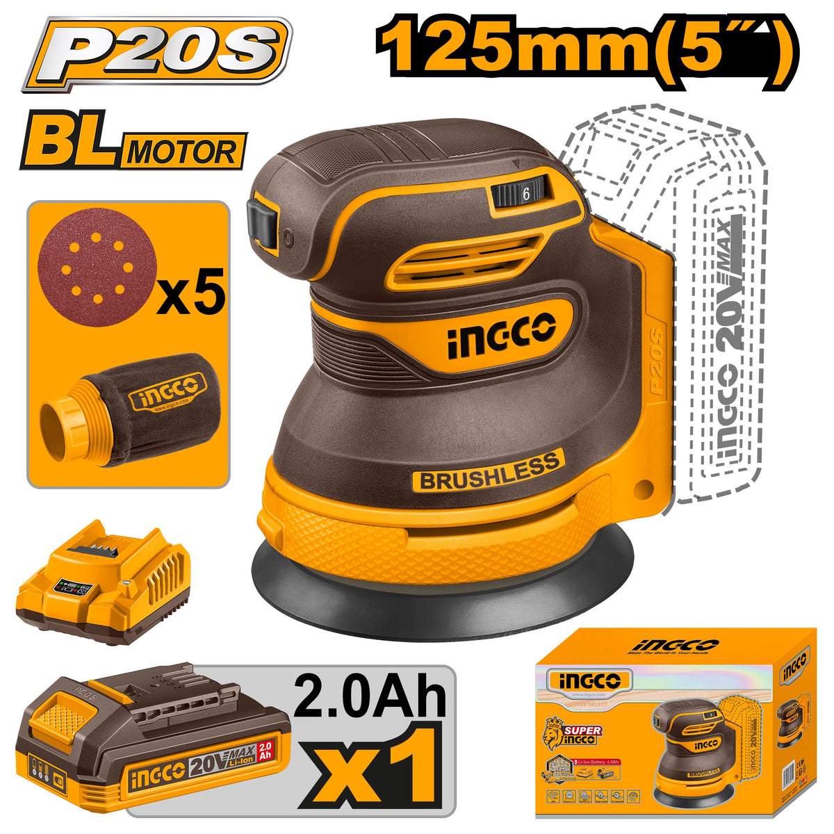 INGCO 20V LI-ION Random Orbit Sander 1X2.0+CHARGER CROSLI20021