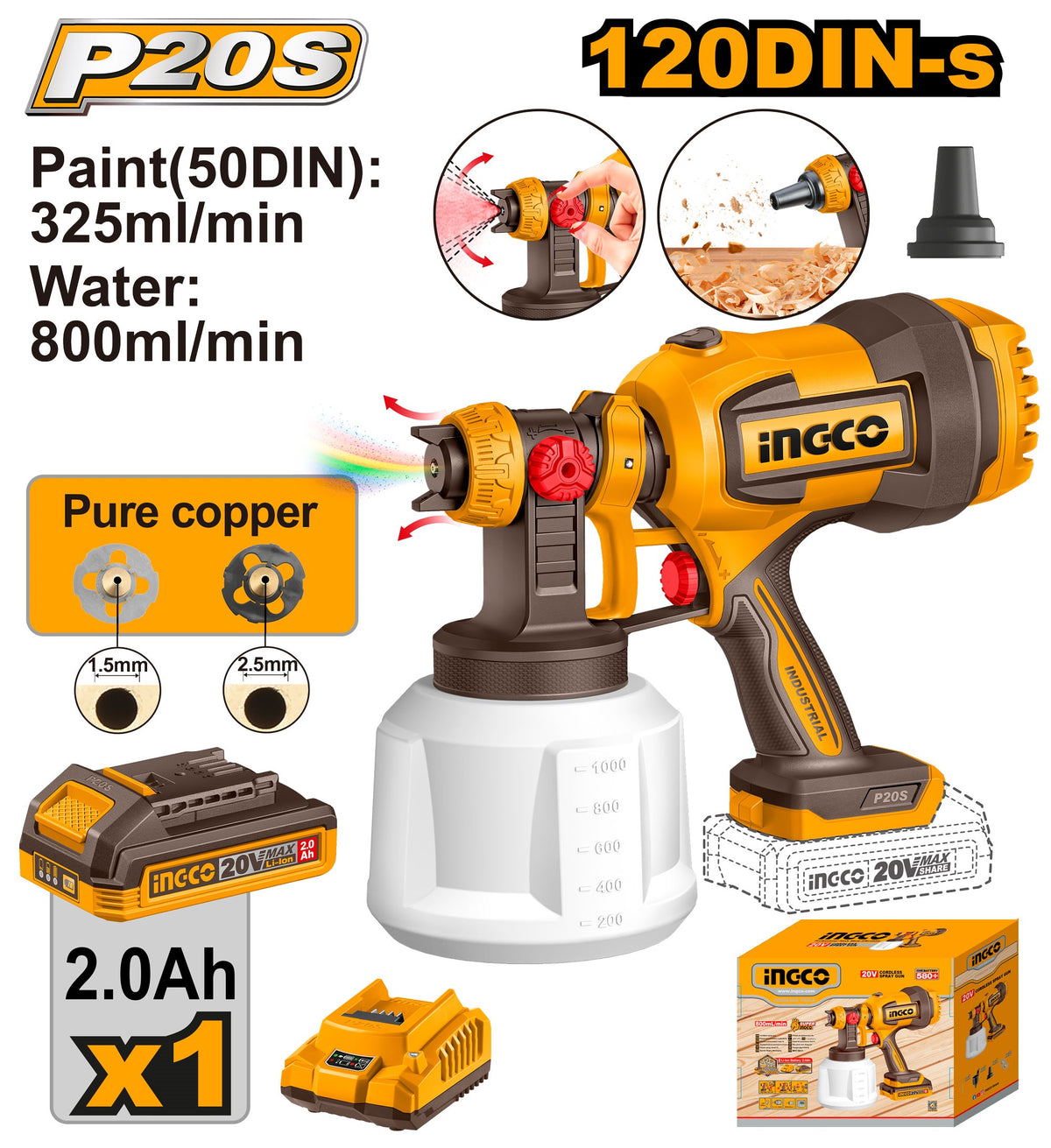 INGCO 20V LI-ION Cordless Spray Gun 1X2.0 Ah + Charger CSGLI20042