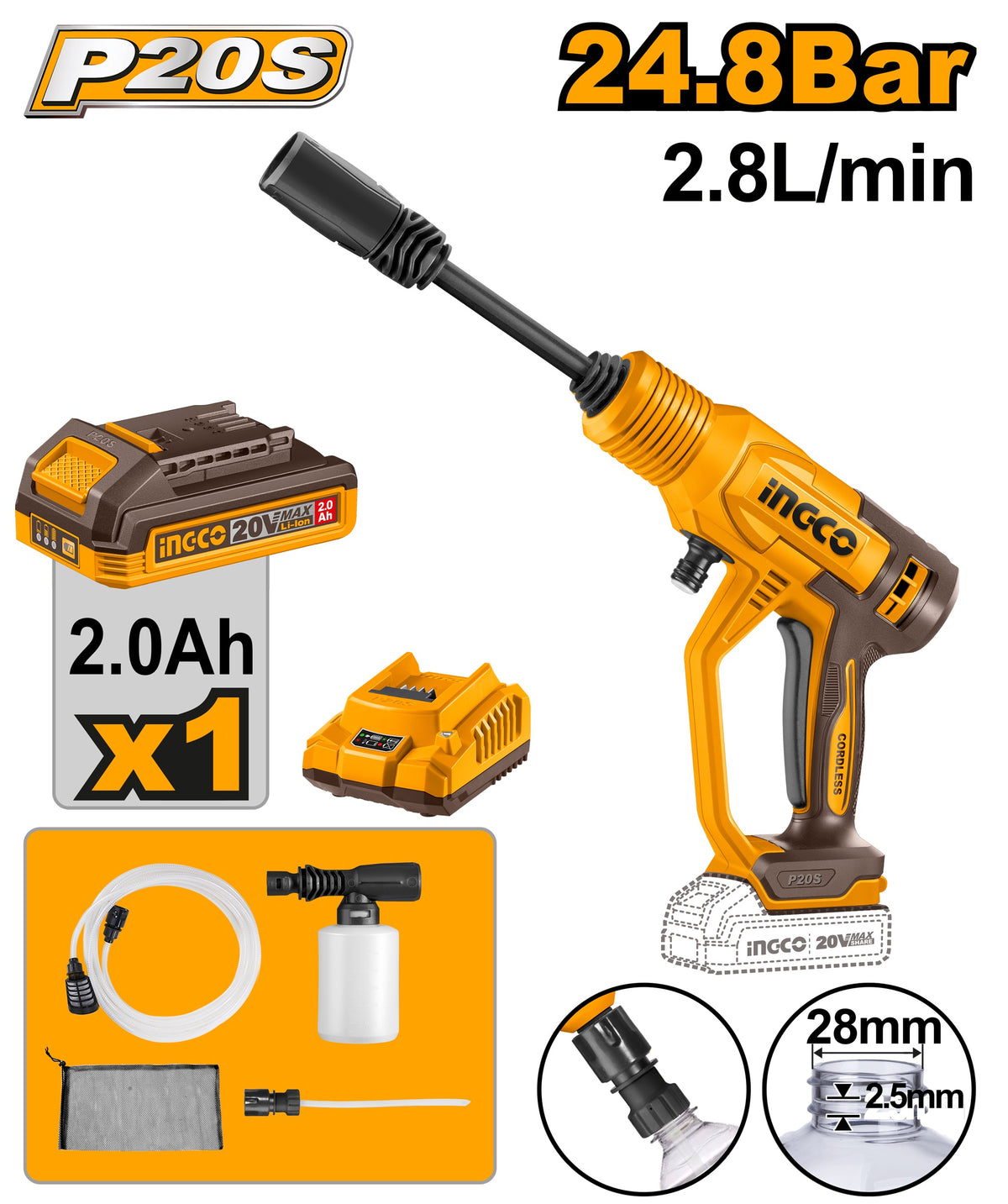 INGCO 20V LI-ION Pressure Washer 24.8 BAR 1X2.0Ah+CHRG CPWLI20362