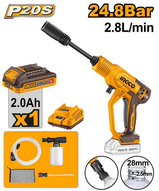 INGCO 20V LI-ION Pressure Washer 24.8 BAR 1X2.0Ah+CHRG CPWLI20362