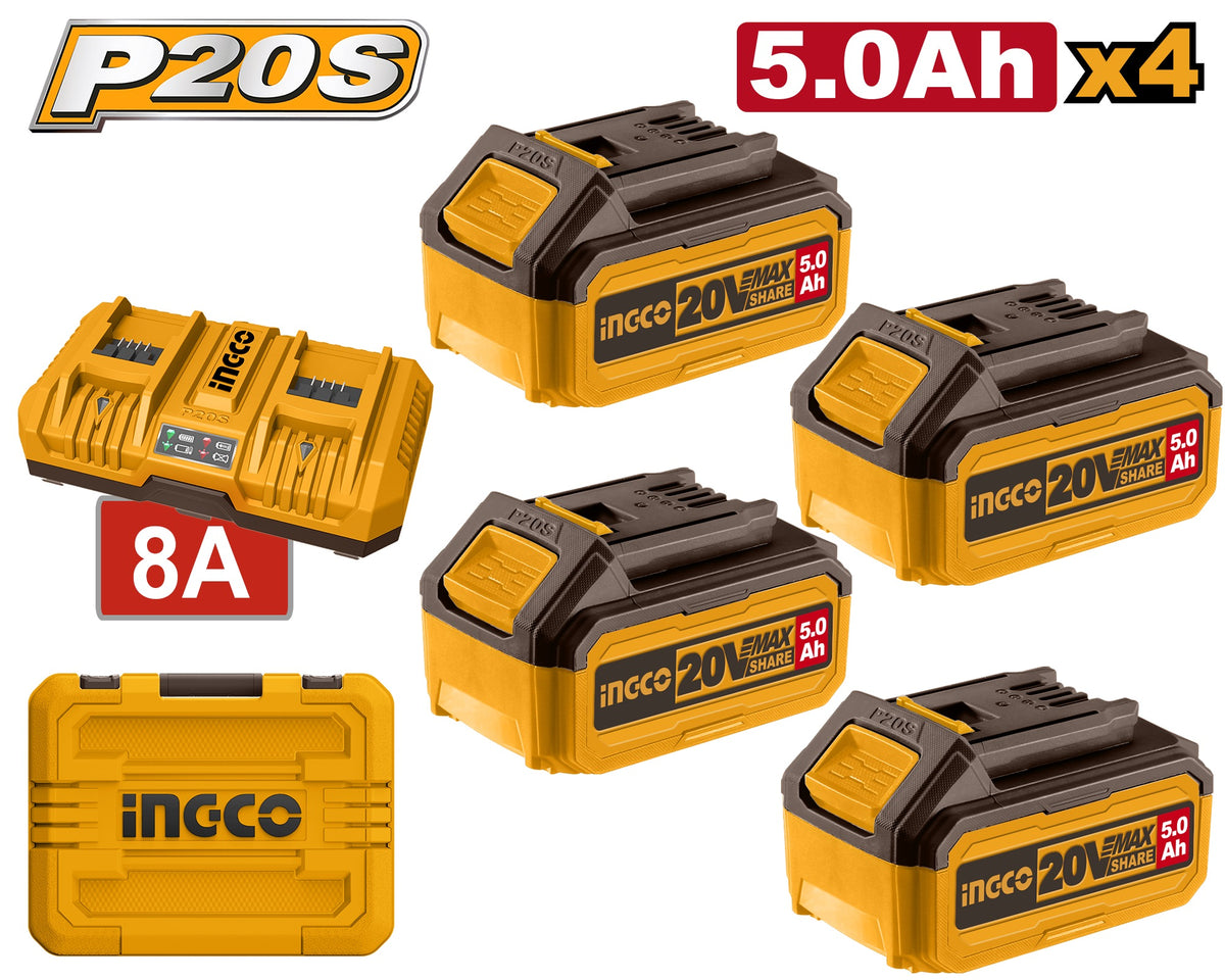 INGCO 20V Power Source Kit 4X 5.0Ah+8A Dual Port Charger & Case FBCLI20285