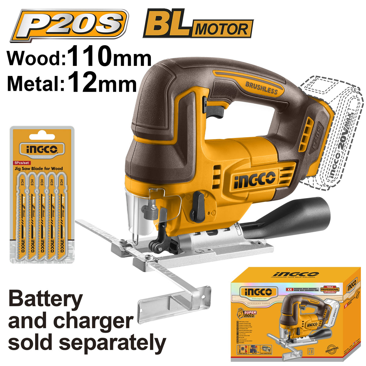 INGCO 20V LI-ION Jigsaw Cut Wood 110mm, METAL12mm+5 Blades (Bare Unit) CJSLI1008