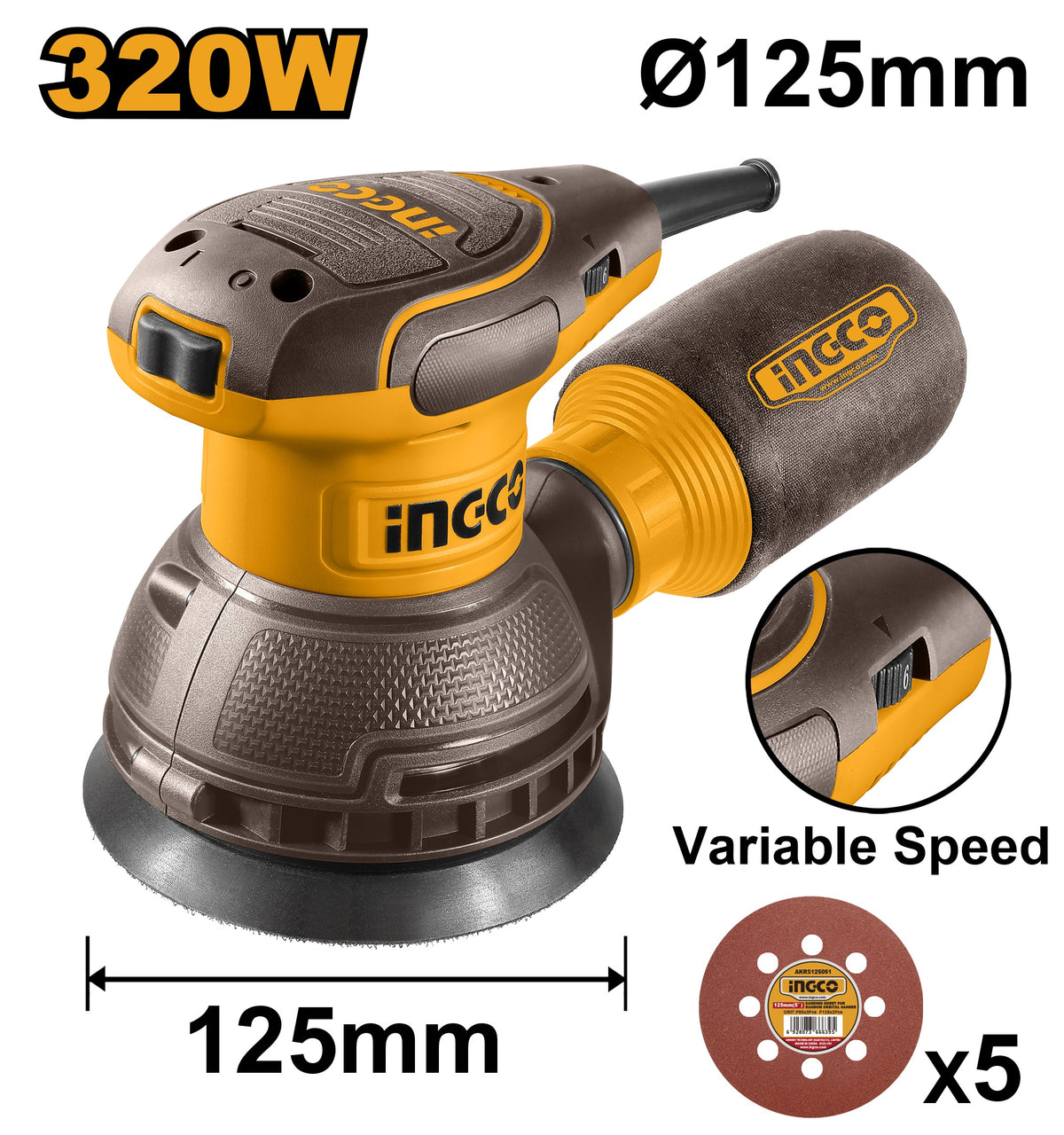 INGCO Variable Speed Electric Random Orbital Sander 320W 5" 125mm RS3216