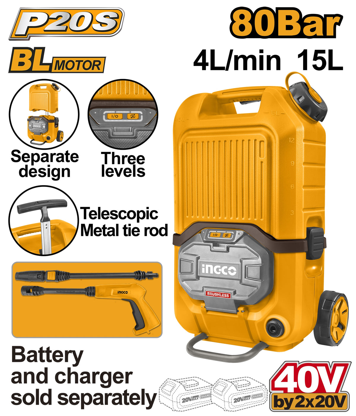 INGCO 40V (2X20) Brushless LI-ION High Pressure Washer 80 BAR (Bare Unit) CPWLI4006