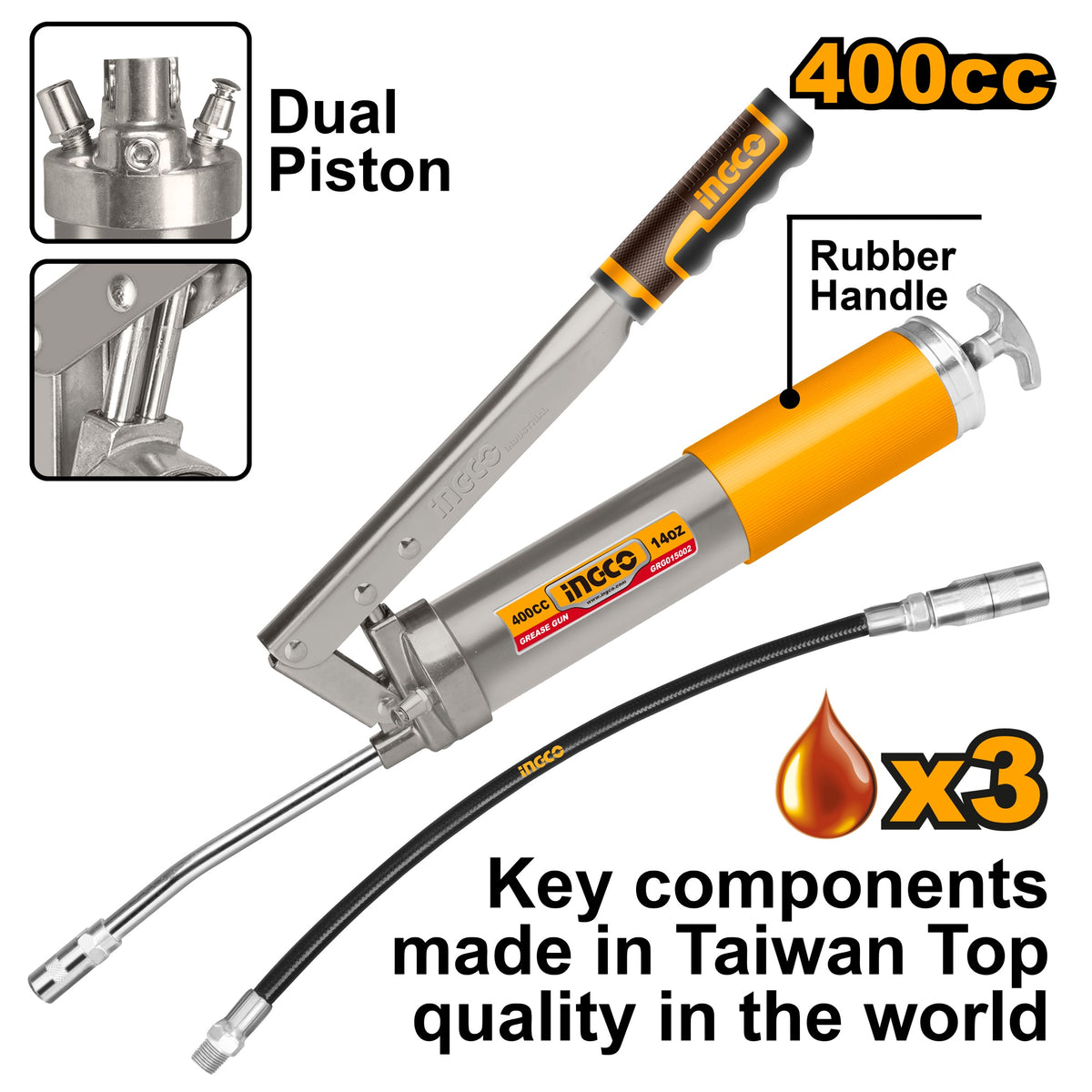 INGCO HD Grease Gun 400CC + 1X12" Flex Grease Hose GRG015002