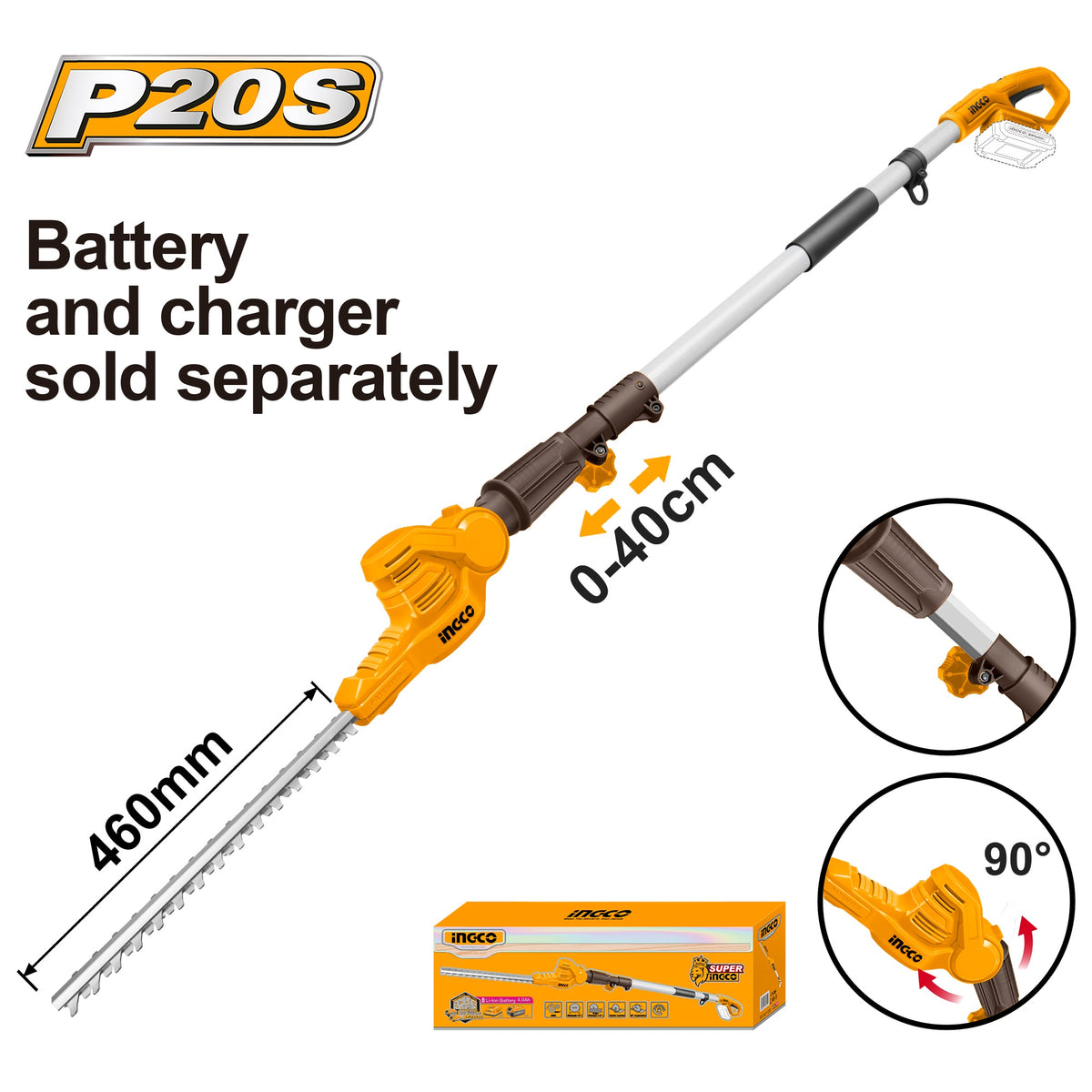 INGCO 20V Pole Hedge Trimmer 460mm, 18MMØ Ext to 2.4m (Bare Unit) CPHT201601