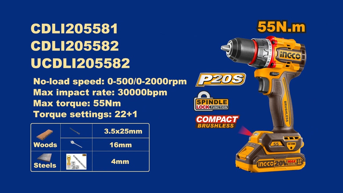 INGCO 20V LI-ION Brushless Drill 55Nm, (Bare Unit) CDLI205581 – view 2