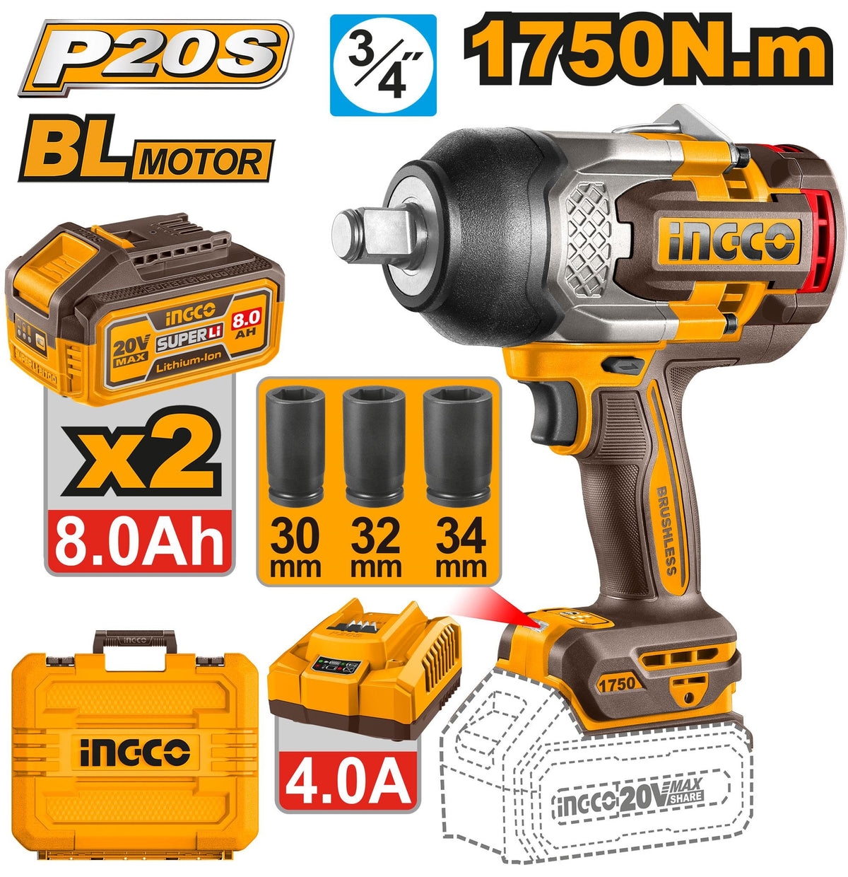 INGCO 20V BL 3/4" DR. Impact Wrench Max 1750Nm 2X8.0Ah+CHRG+CASE CIWLI20175