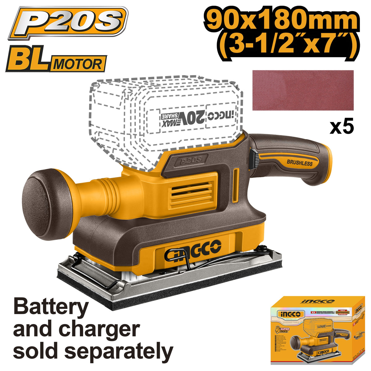 INGCO 20V BL Finishing Sander 90X180mm (Bare Unit) CFSLI2031