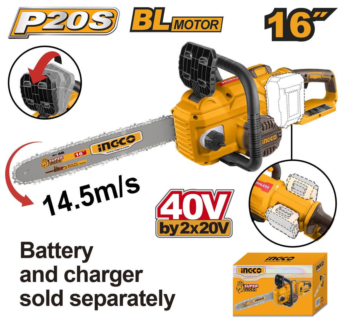 INGCO 40V (2X20V) BL Chain Saw 16" 400mm (Bare Unit) CGSLI40168
