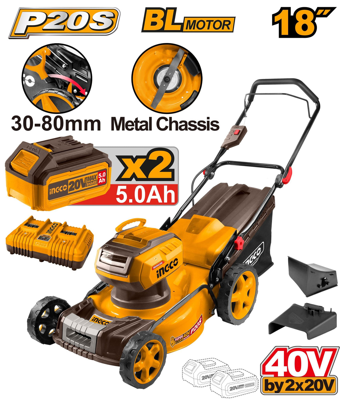 INGCO 2X20V (40V) BL 460mm Lawn Mower 2X5.0A+DUAL Port Chrg LMLI20186
