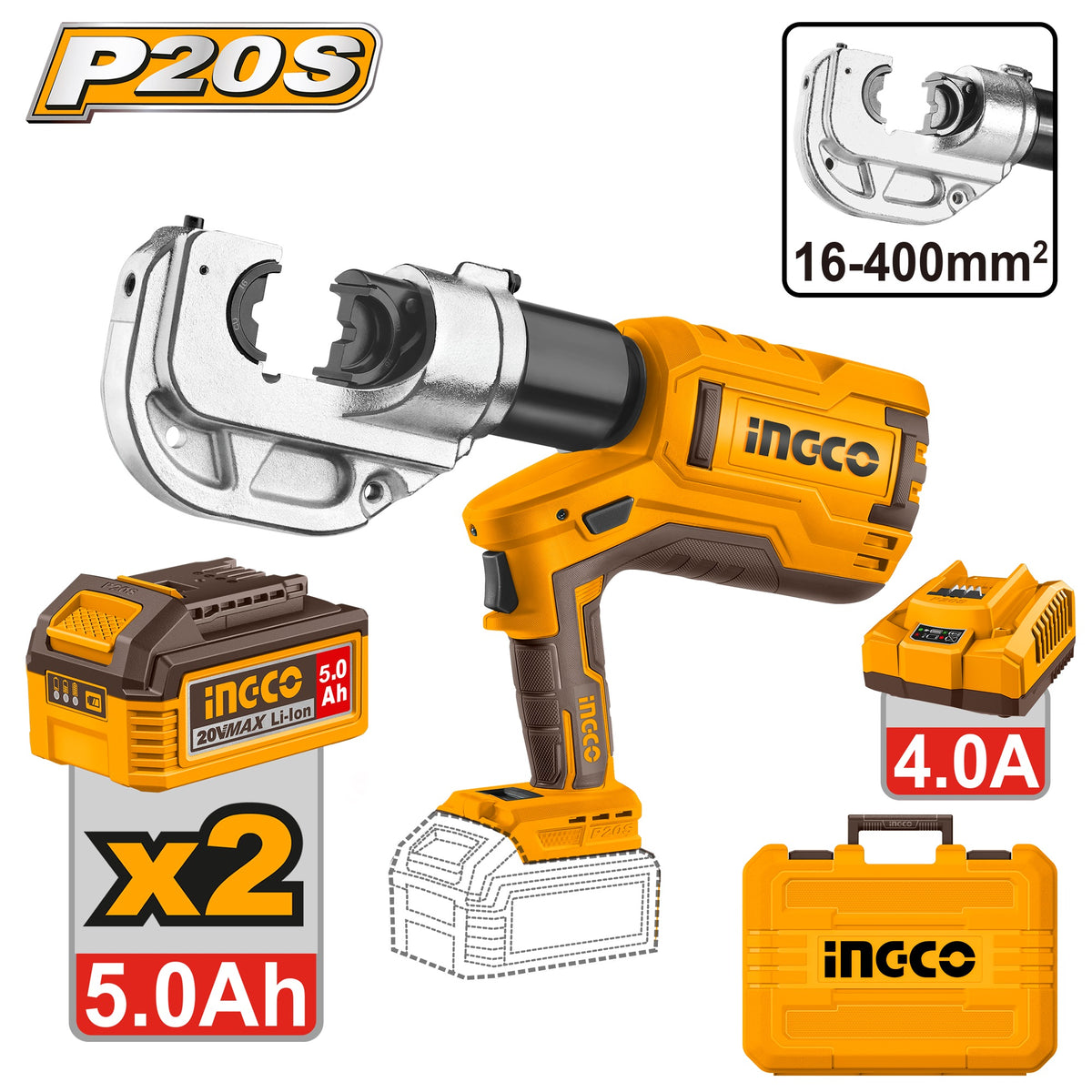 INGCO 20V Hydraulic Crimping TOOL16-400MM2, 2X20V 5.0Ah & Charger CTLI2005