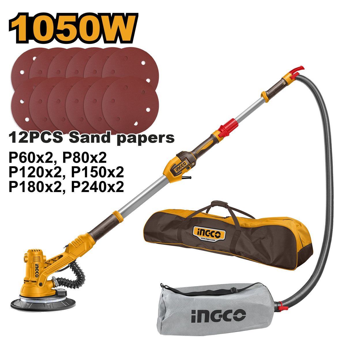 INGCO Electric Drywall Sander 1050W W/12pcs 225mm Sanding Discs DWS105016
