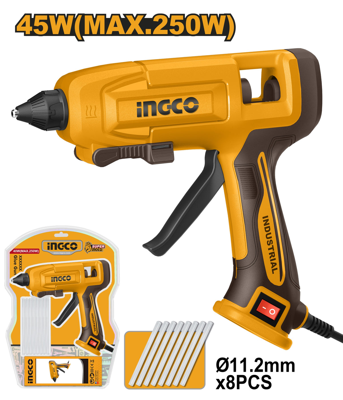 INGCO Electric Glue Gun 45W-MAX250W with 8PCS150mm Glue Stick GG408