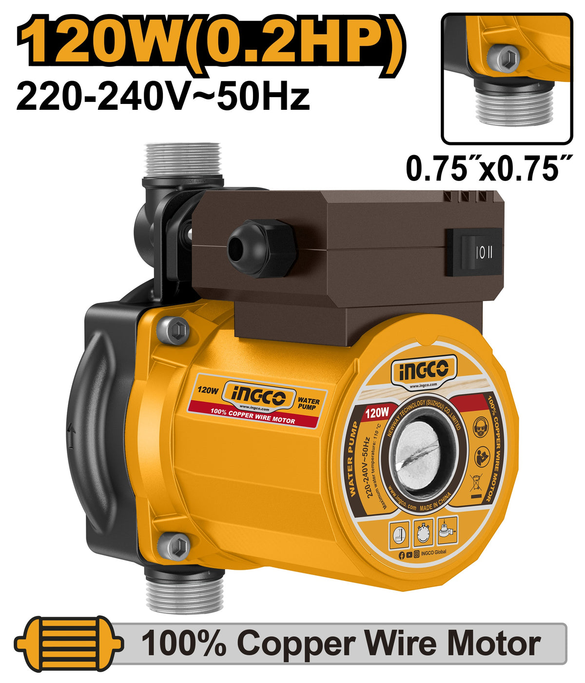 INGCO Circulating Pump 120W 3/4"X3/4" Max Head 10m Max Flow 25L/MIN SCM120