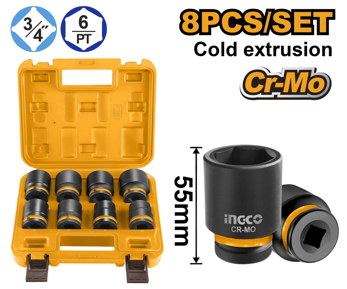 INGCO 8pcs 3/4" DR. CR-MO Impact Socket set 26-38mm HKISSD34081