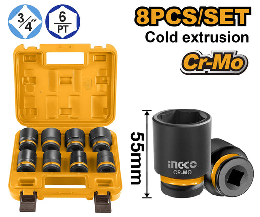 INGCO 8pcs 3/4" DR. CR-MO Impact Socket set 26-38mm HKISSD34081