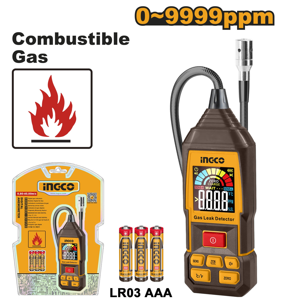 INGCO Digital Gas Indicator with Flexible Probe 450mm HETGA031