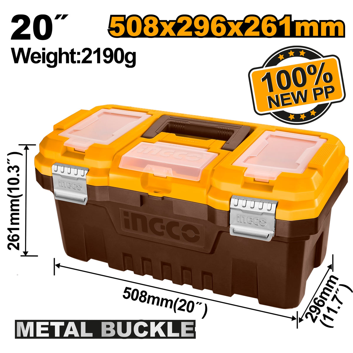 INGCO 20" Plastic Tool Box Metal Latch W/organiser 508*296*261mm PBX2002
