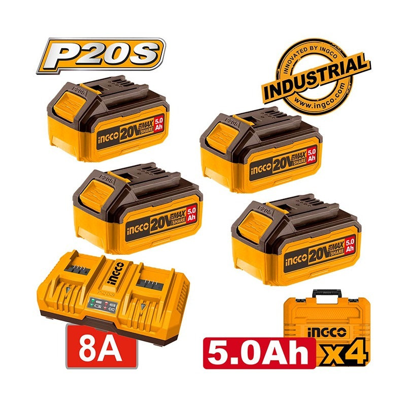 INGCO 20V Power Source Kit 4X 5.0Ah+8A Dual Port Charger & Case FBCLI20285 – view 2