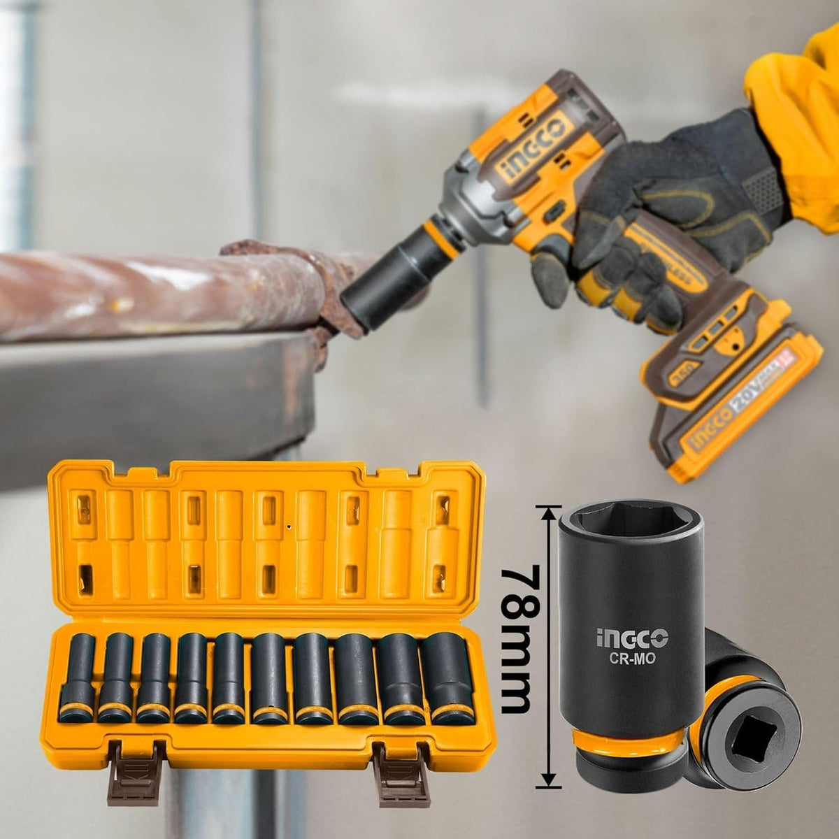 INGCO 10pcs 1/2" DR. CR-MO Deep Mpact Socket set 10-24mm HKISSD12102L – view 3