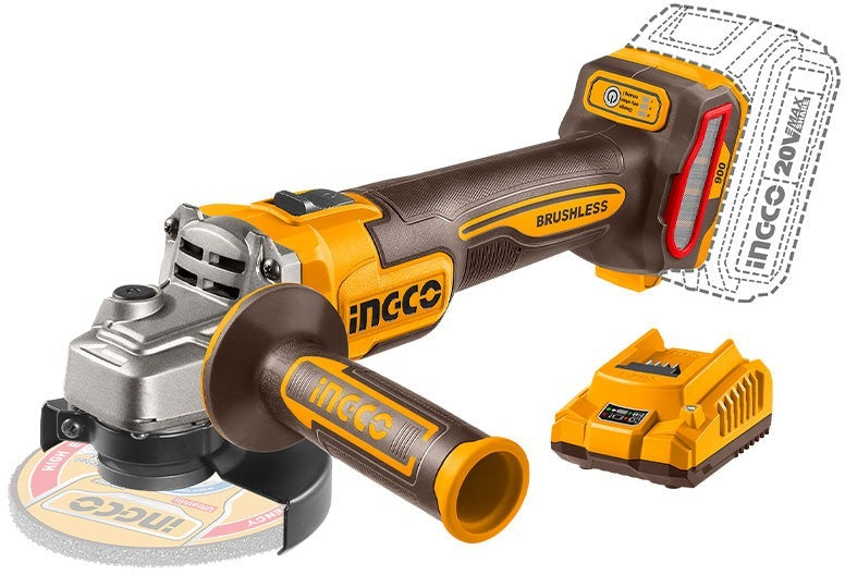 INGCO 20V LI-ION BL Angle Grinder 100mm 3 Speed 900W 1X4.0Ah CAGLI261021 – view 2
