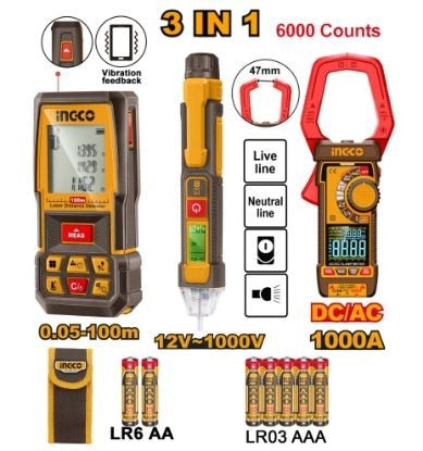 INGCO Laser Distancer 100m+DC/AC Clamp Meter+voltage Detector HLDD241202