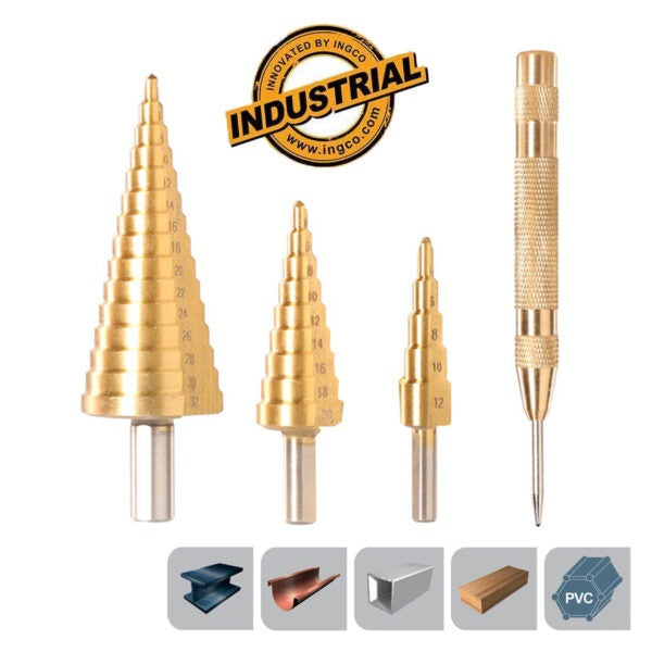 INGCO 3pc HSS Step Drill set 4-12, 4-22,4-32mm+AUTO Center Punch AKSDS2041 – view 2