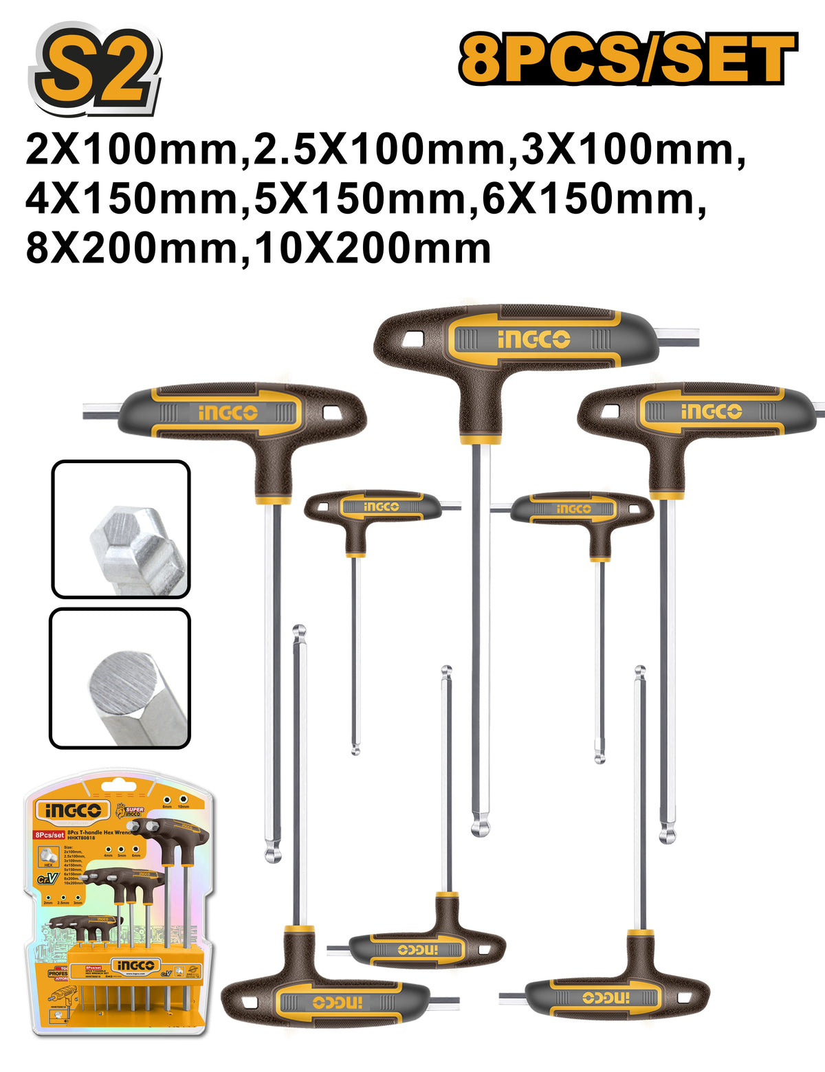 INGCO 8pcs T-Handle Ball Point Hex Key SET(2-10mm) HHKT80828