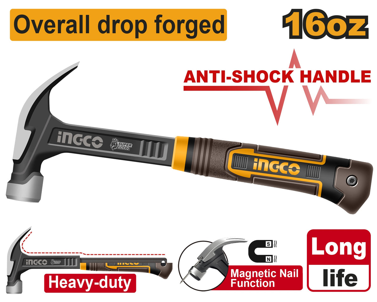 INGCO Anti Shock Handle Claw Hammer 16OZ HCH81016L