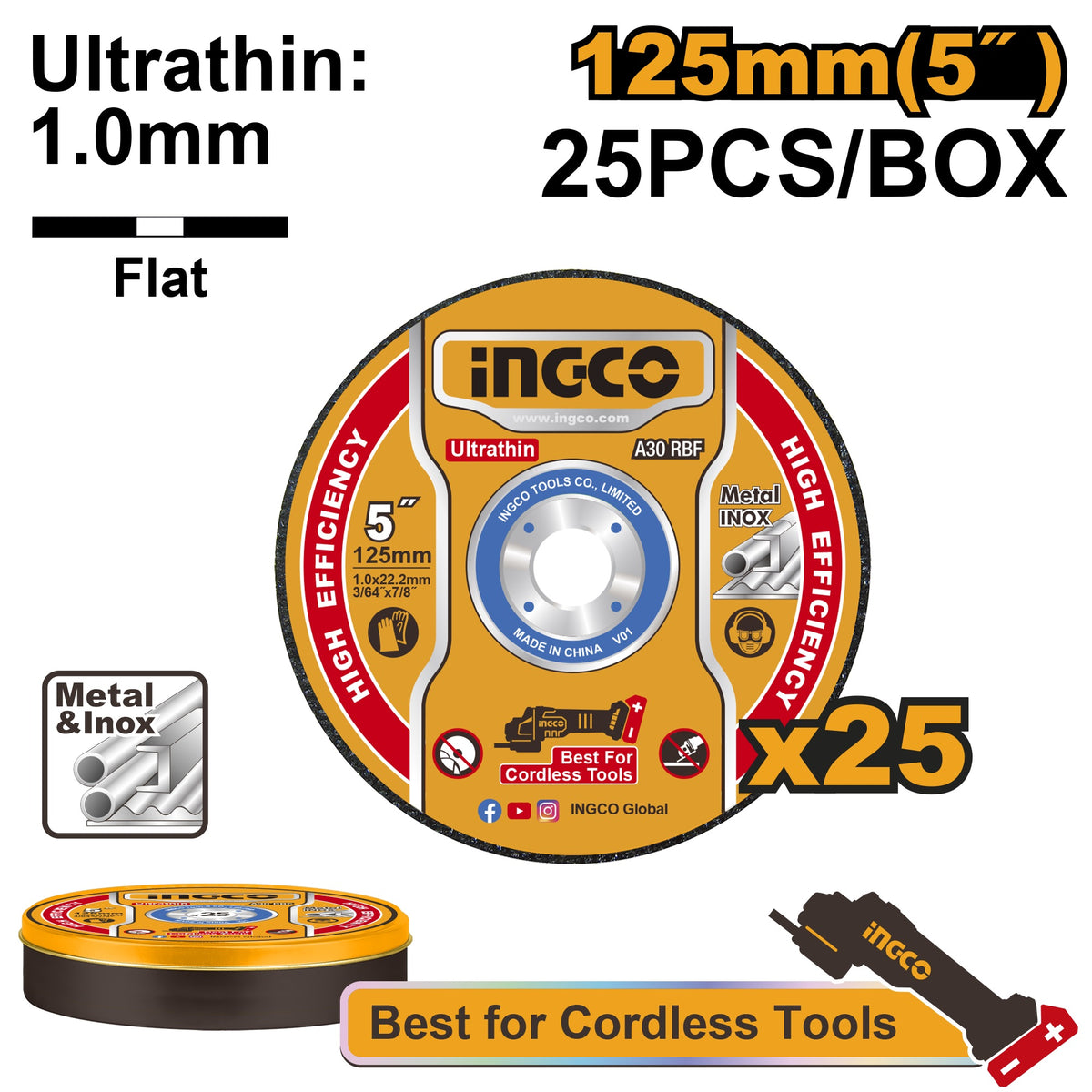 INGCO Abrasive Cutting Disc 125X1.0mm 25pcs Metal Box MCD1012525
