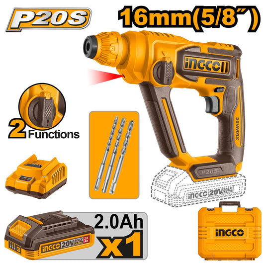 INGCO 20V LI-ION Rotary Hammer 16MMØ 1X2.0+CHARGER & Case CRHLI201681