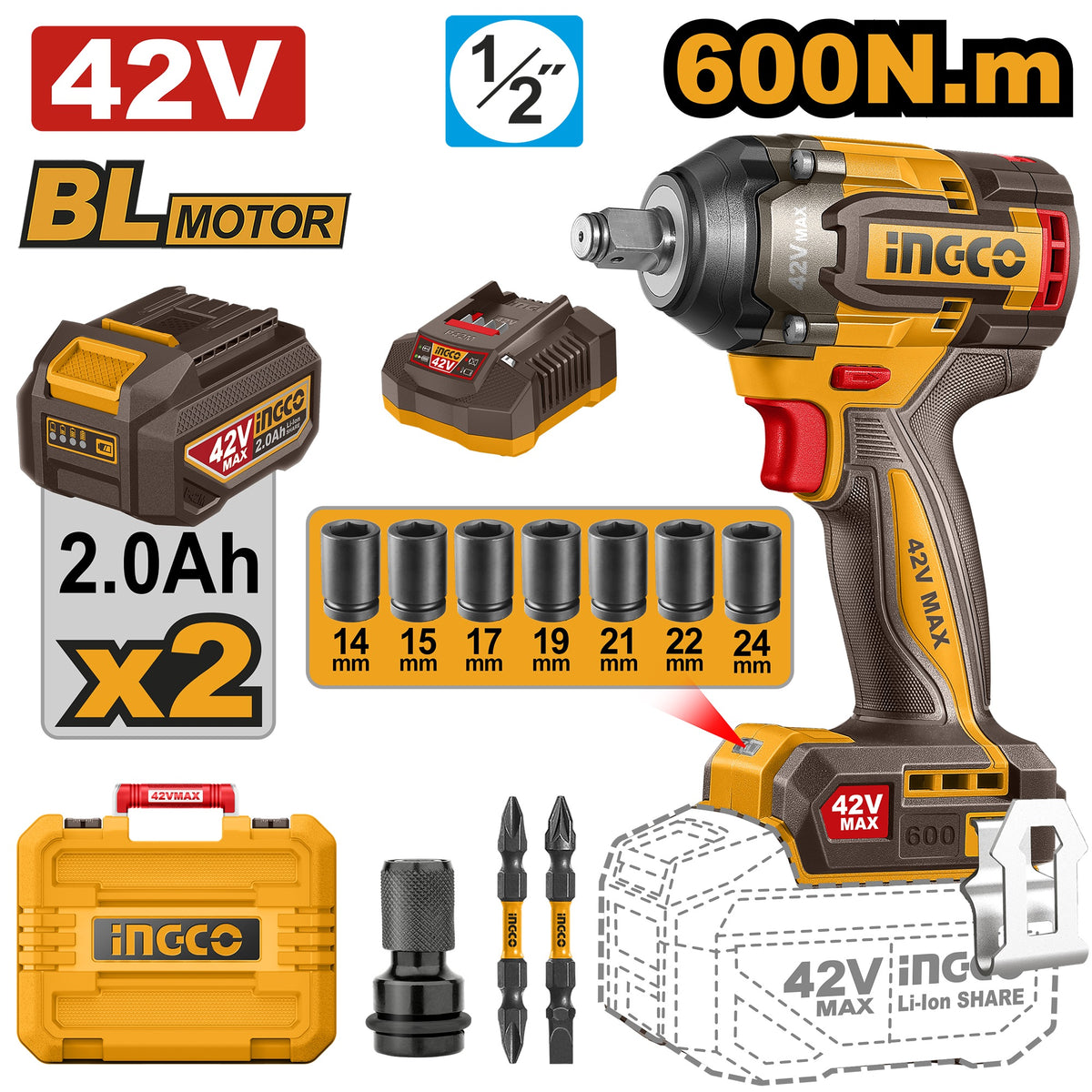 INGCO 42V BL Impact Wrench 600Nm 2X2.0Ah & Case CIWLI42602