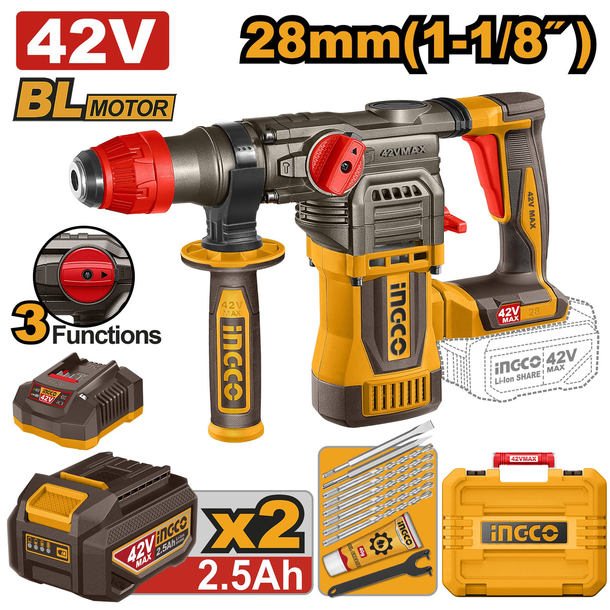 INGCO 42V BL 28mm 3-MODE Rotary Hammer 2X2.5Ah & Case CRHLI422882