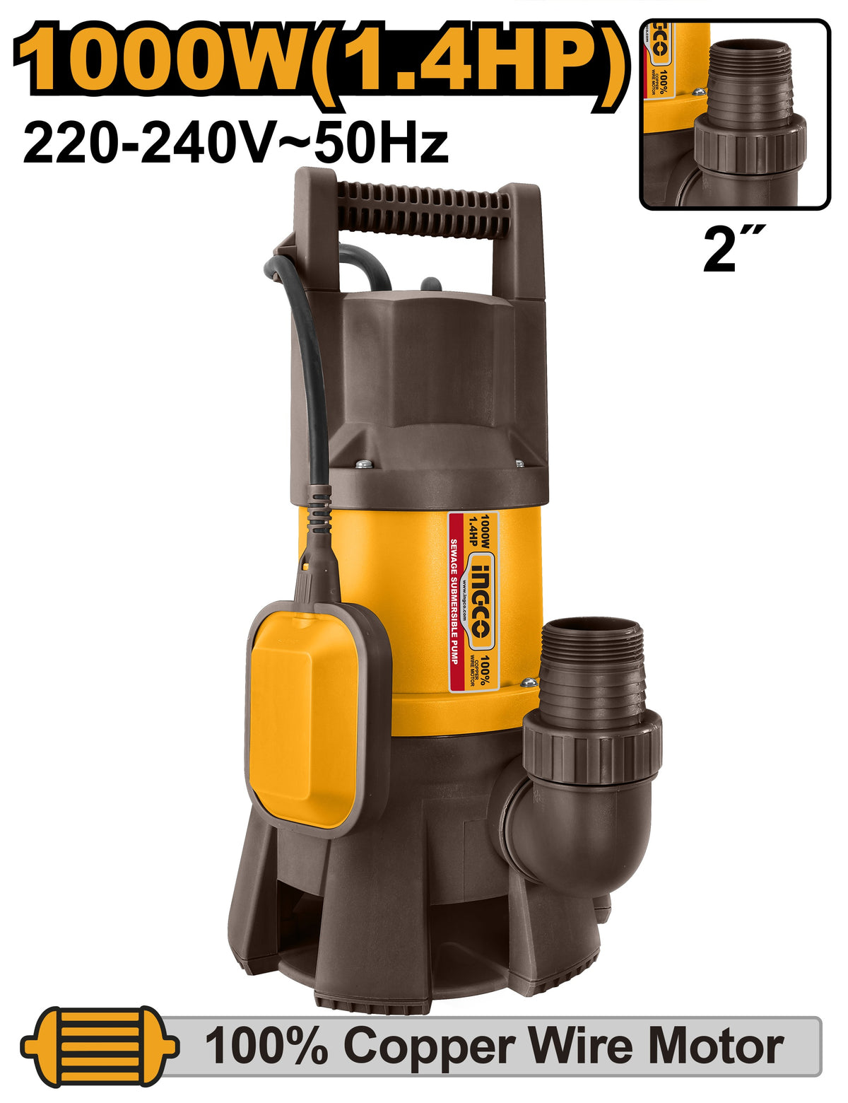 INGCO 2" Sewage Submerisible Pump W/float 1000W Max 9MH, 333L/MIN SPD10001