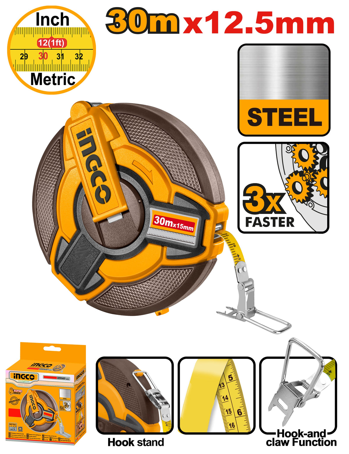 INGCO Fast Rewind Steel Measuring Tape 30m/100FT HSMT0830