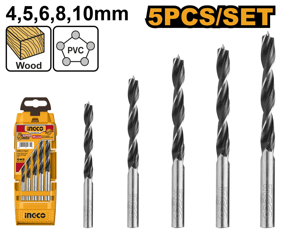 INGCO 5pcs Wood Drill Bit set 4,5,6,8 & 10mm AKD5058