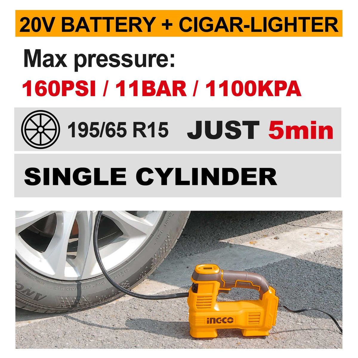 INGCO 20V Cordless Auto Air Compressor 160PSI (Bare Unit) CACLI2012 – view 2