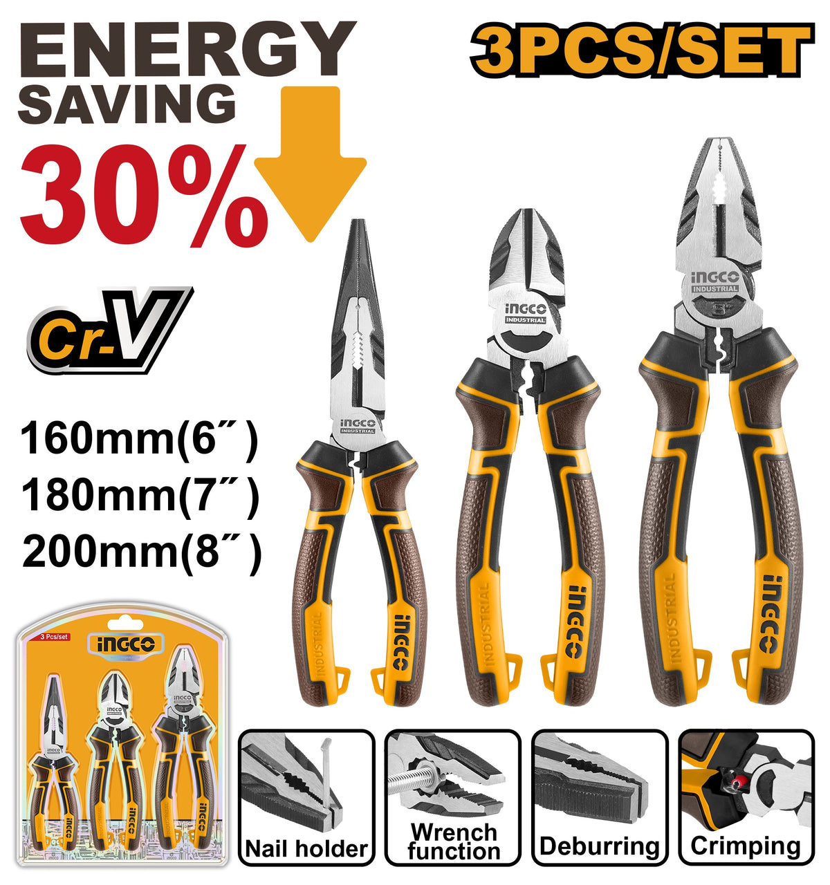 INGCO 3pcs High Leverage Cr.v Plier set HKHLPS2831