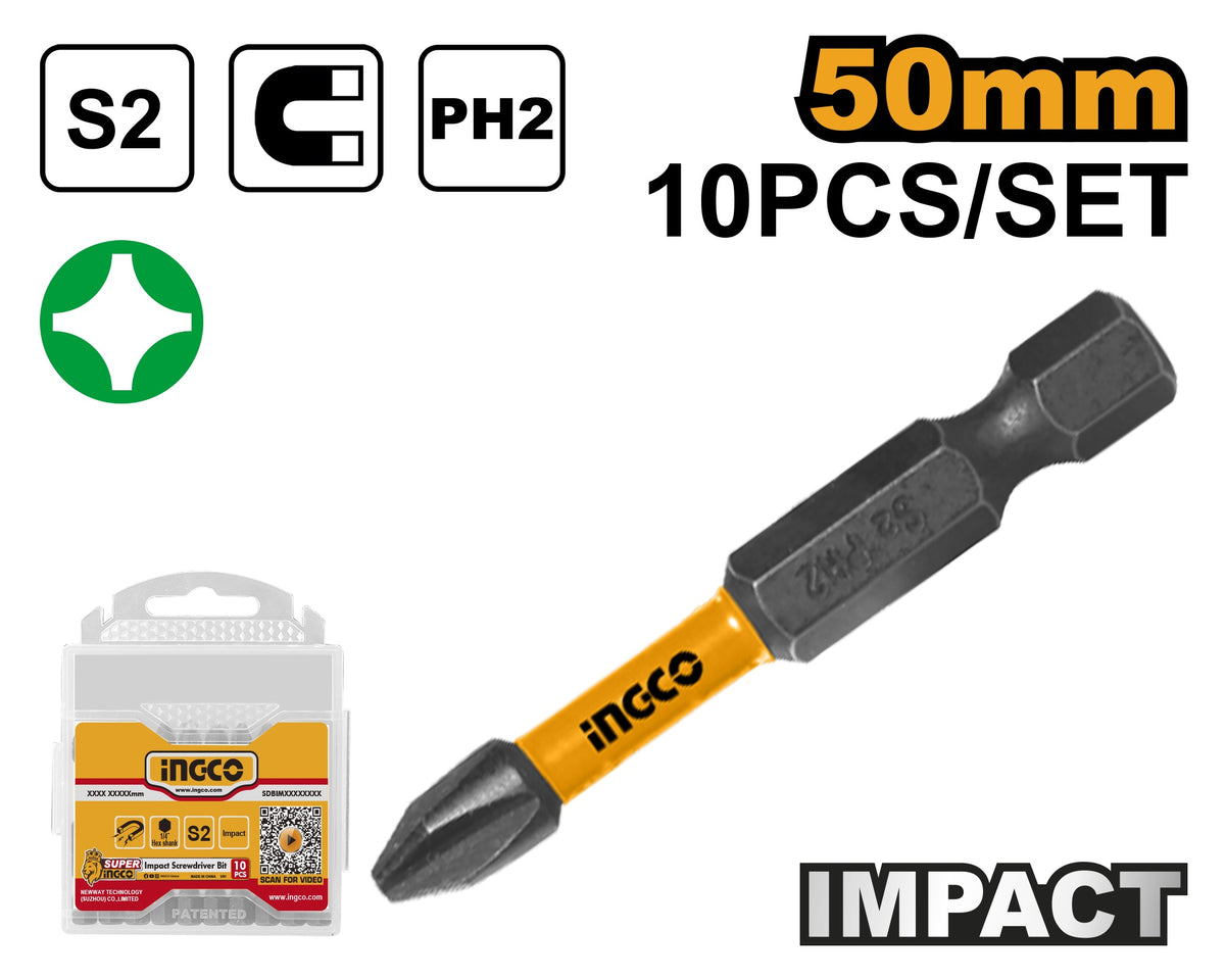 INGCO 10pcs Single End Impact Screwdriver Bit, (+)2X50mm SDBIM11PH223