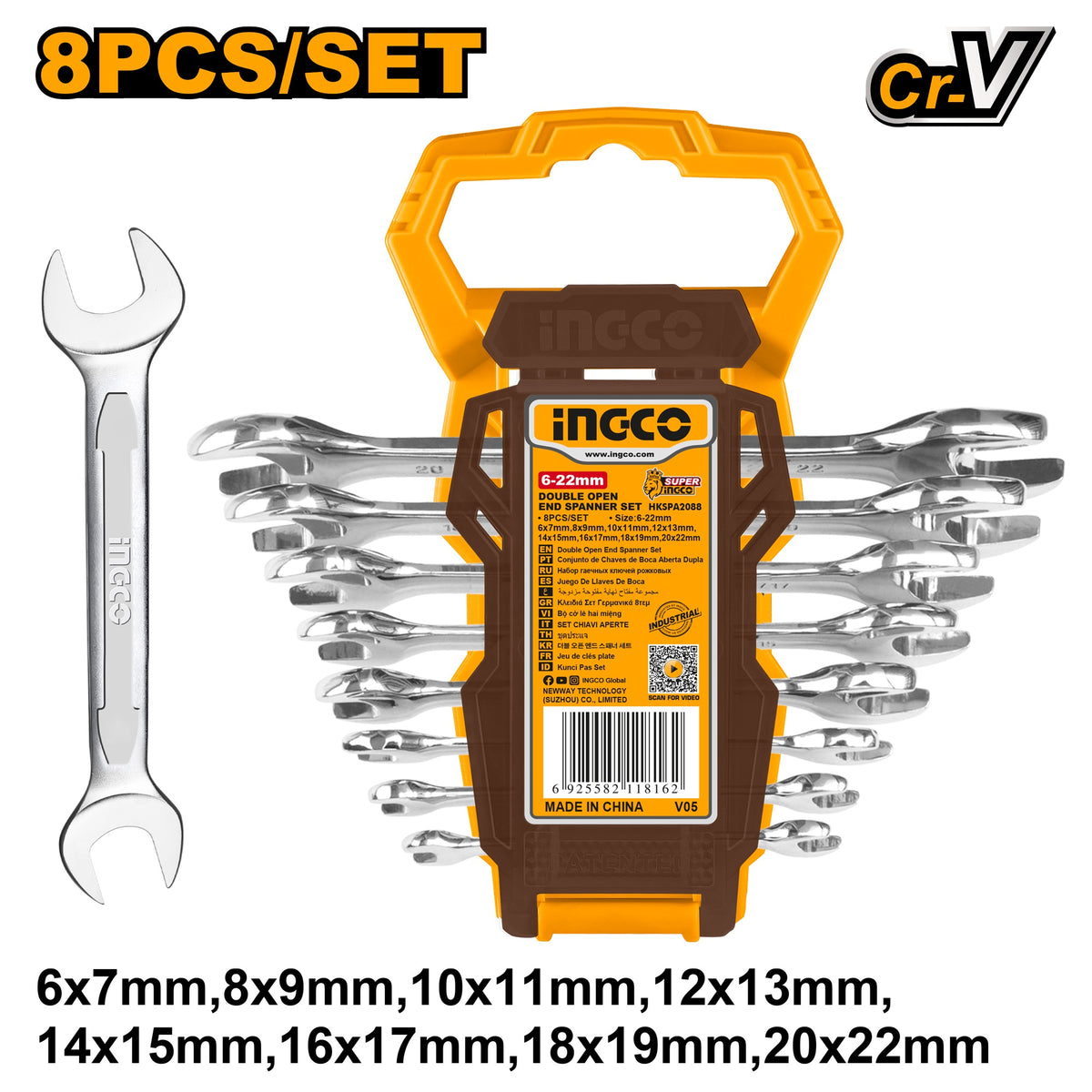 INGCO 8pcs Double Open End Spanner set 6-22mm HKSPA2088