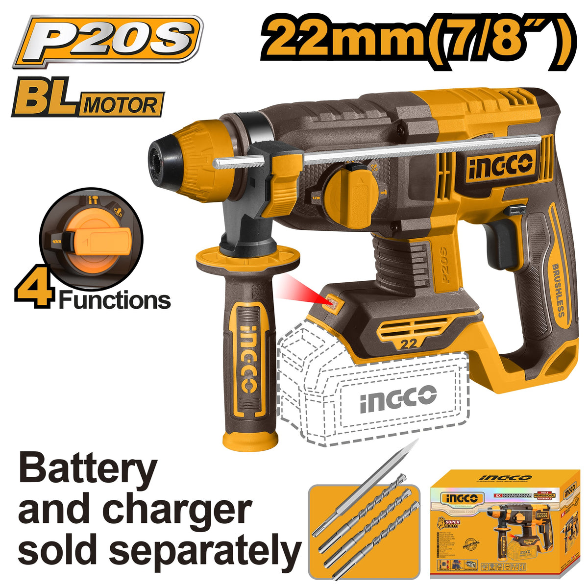 INGCO 20V LI-ION BL 4-MODE Rotary Hammer 22MMØ (Bare Unit) CRHLI21228