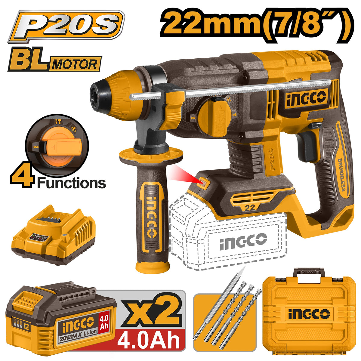 INGCO 20V LI-ION BL 4-MODE Rotary Hammer 22MMØ 2X4.0Ah+CHARGER CRHLI212282