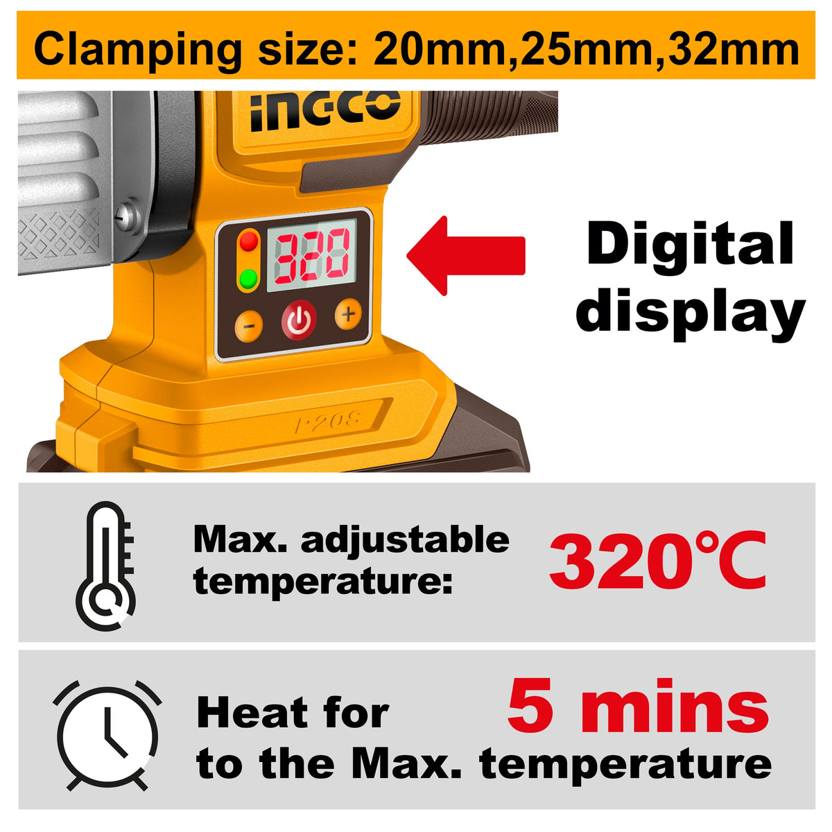 INGCO 20V Plastic Tube Welding Tool 20,25&32mm (Bare Unit) PTWTLI2018 – view 2