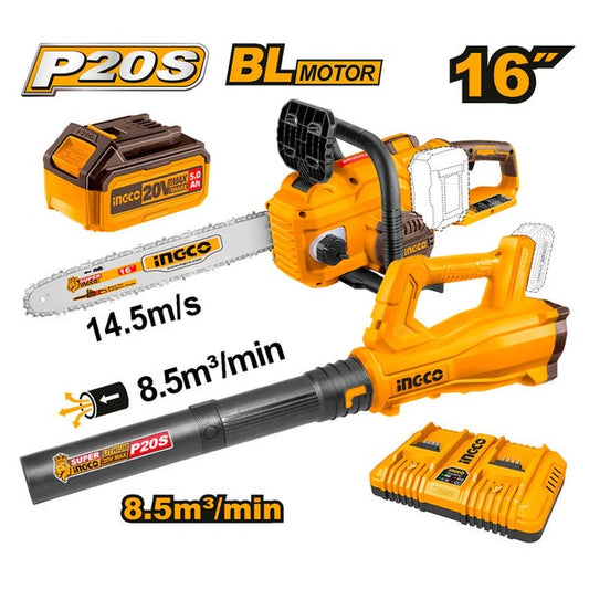 INGCO 20V+20V 16"CHAIN Saw+blower Combo 2X5.0Ah+DUAL Port Chrg COSLI240463