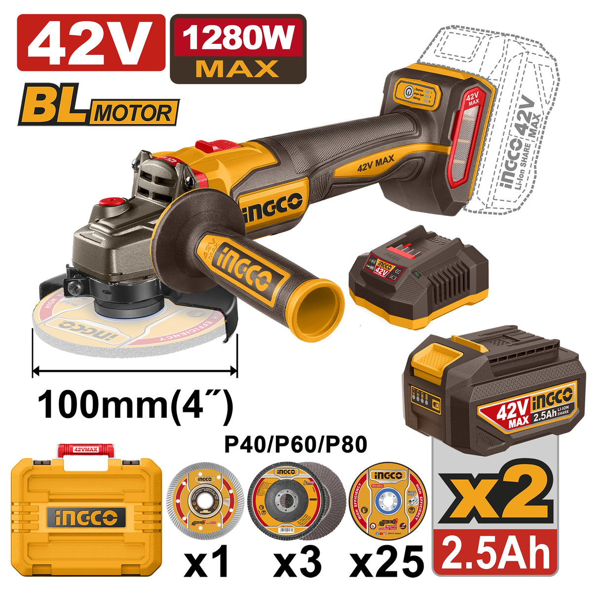 INGCO 42V BL 4" Grinder 2X2.5Ah & Discs + Case CAGLI4128102