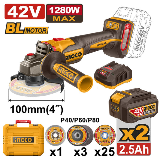 INGCO 42V BL 4" Grinder 2X2.5Ah & Discs + Case CAGLI4128102