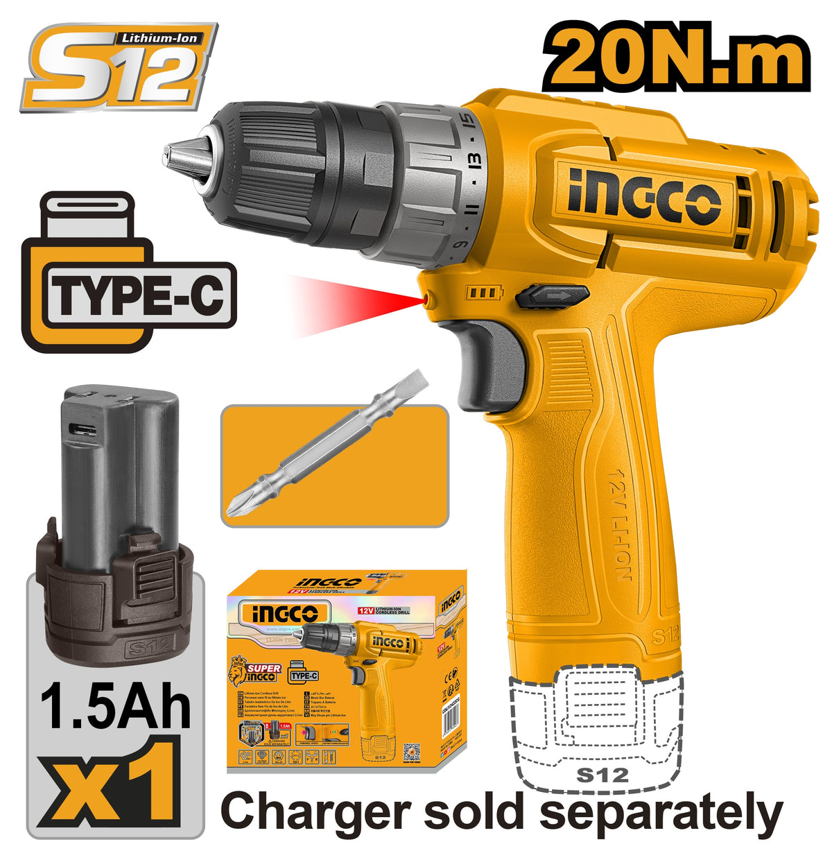 INGCO 12V LI-ION Drill 20Nm W/1X12V Batt (No USB Charger) CDLI12456