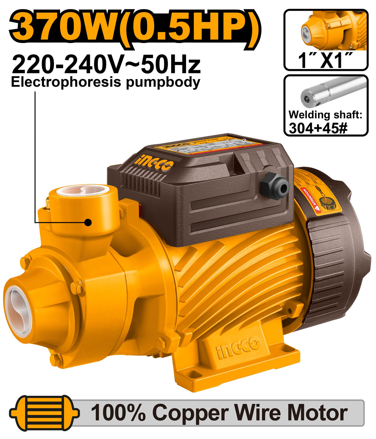 INGCO Peripherial Pump 370W 1" x 1" Max Head 38m Max Flow 36L/MIN VPM37068